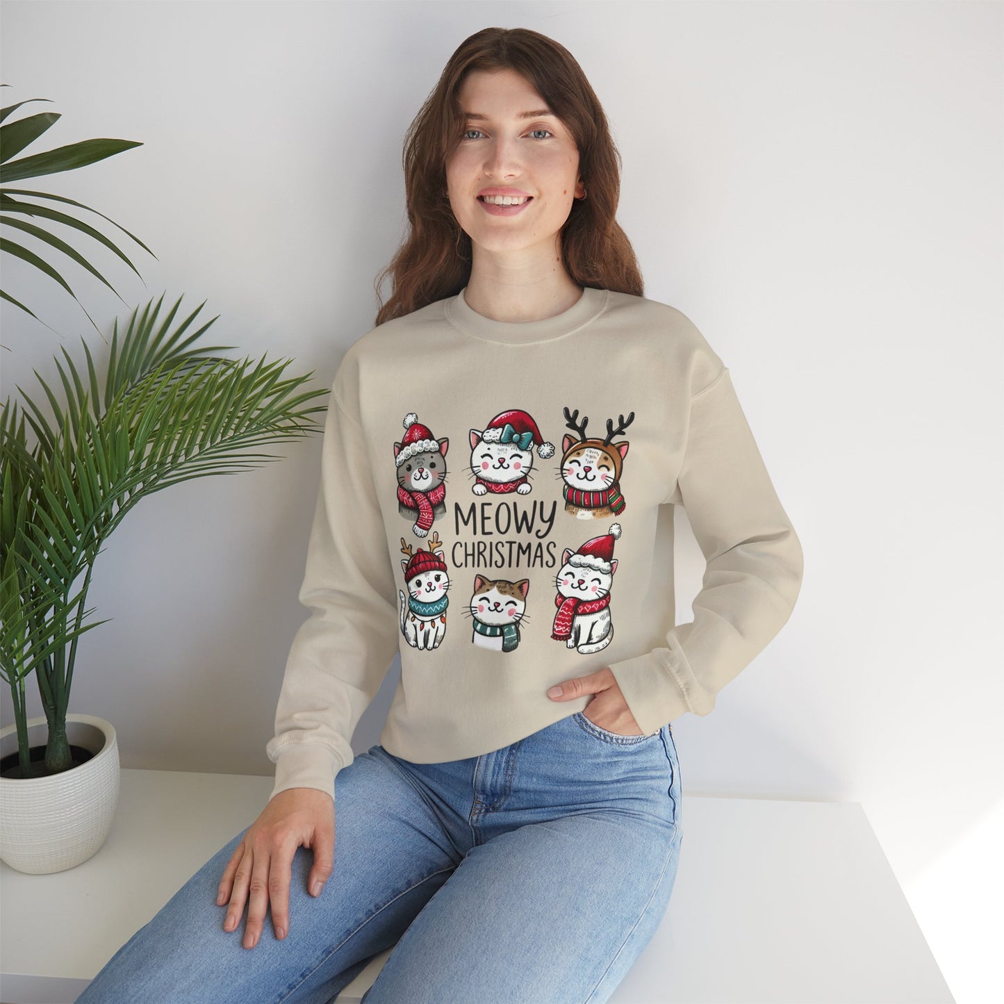 Meowy Christmas Sweatshirt, Cat Lover Gift, Holiday Jumper, Funny Xmas Sweater, Christmas Cat Shirt, Festive Pullover