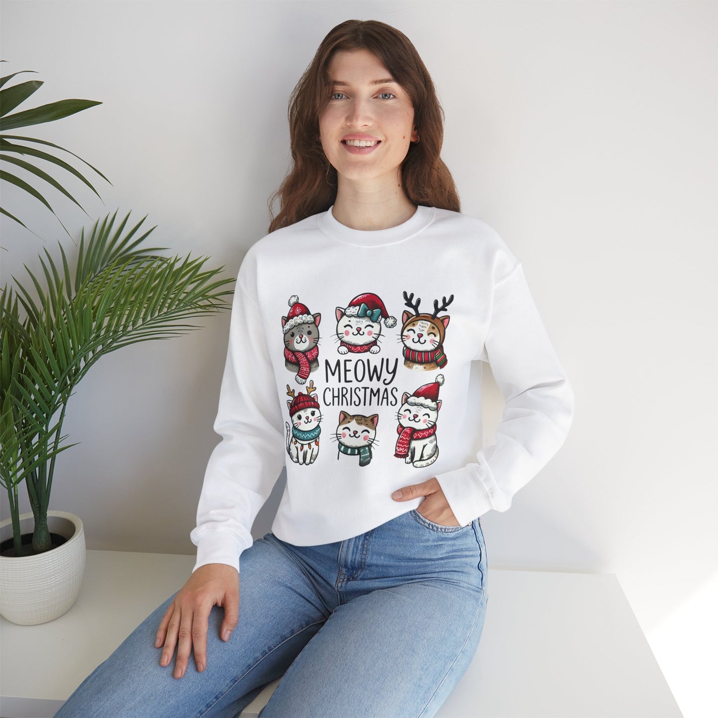 Meowy Christmas Sweatshirt, Cat Lover Gift, Holiday Jumper, Funny Xmas Sweater, Christmas Cat Shirt, Festive Pullover